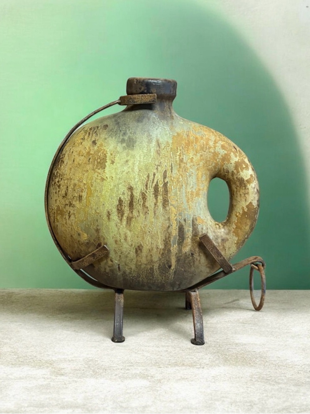 VTG Studio Pottery Stoneware Flask Jug Vase Circular Abstract w/ Iron stand